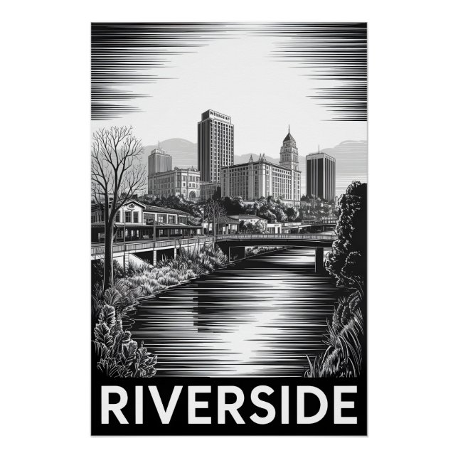 Póster Riverside Califórnia Xilogravura Preto e Branco (Frente)