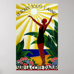 Poster Riviera francês, mulher na praia, sunbath