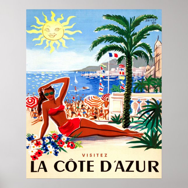 Poster Riviera francesa, menina bikini na praia, França (Frente)