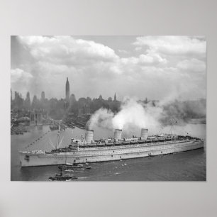 Póster RMS Queen Mary que chega no porto de New York