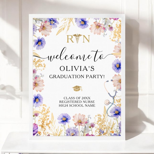 Poster RN Festa de formatura Enfermeira Wildflower Welcom (RN Nurse Graduation Party Wildflowers Welcome Poster)