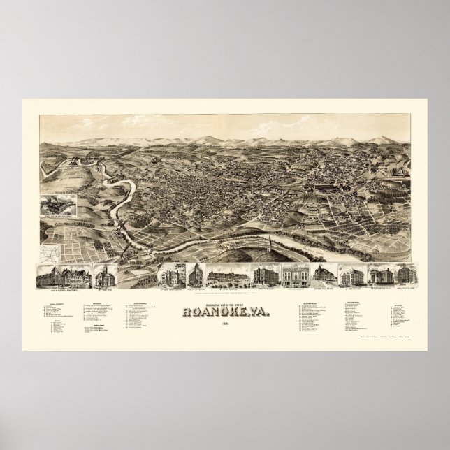 Póster Roanoke, VA Panorâmica - 1891 (Frente)