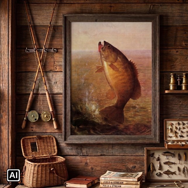 Póster Roba de pesca esportiva de boca grande marrom vint (Vintage illustration marine life "Leaping Smallmouth Bass on the Line" by Richard La Barre Goodwin.)