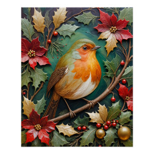 Póster Robin entre azevinho e poinsettia