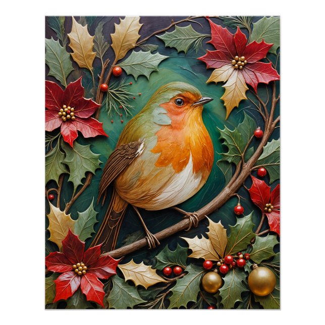 Póster Robin entre azevinho e poinsettia (Frente)