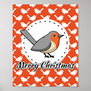 Poster Robin on Orange White Bird Pattern - Feliz Natal