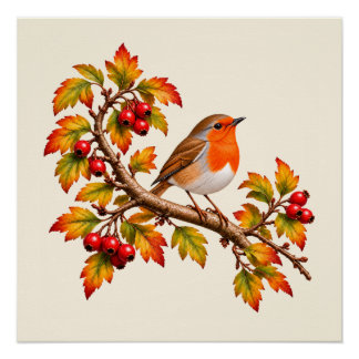 Póster Robin Redbreast Outono Desenho Botânico de Pássaro