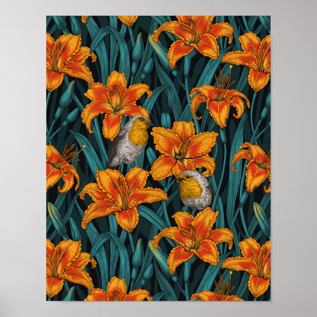 Poster Robins e flores, cor de laranja e azul (Frente)
