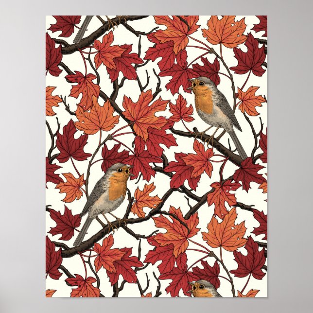 Poster Robins in maple tree on off white (Frente)