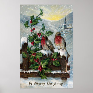 Póster Robins ingleses em um Natal da antiguidade da