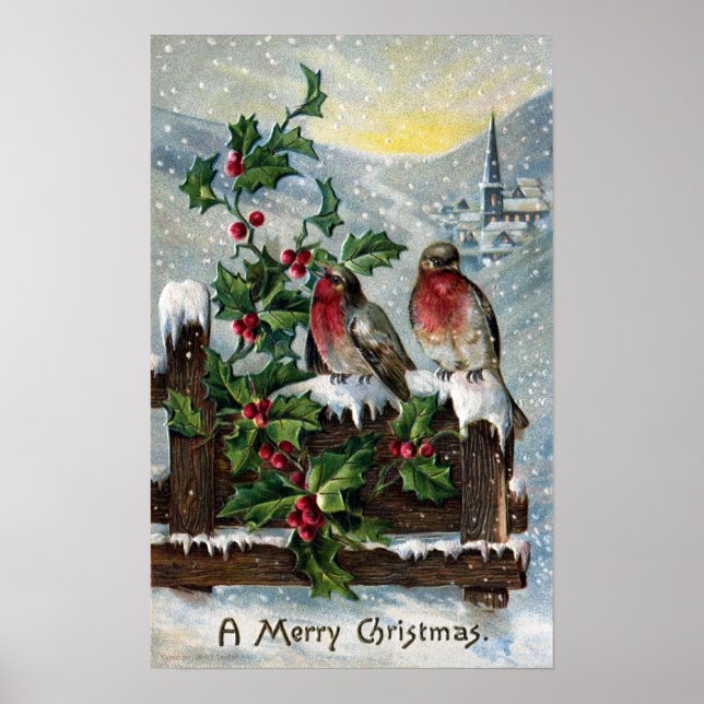Póster Robins Ingleses num Ventilador de Natal Antiquado (Frente)