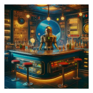 Póster Robô Barman em Bar de Imersão Espacial da Era Espa
