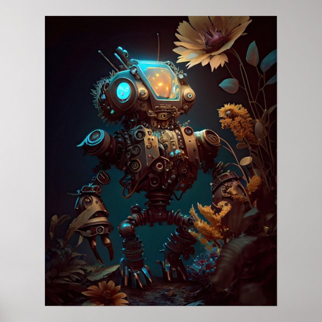 Poster Robô e Flores Futurísticos Steampunk (Frente)