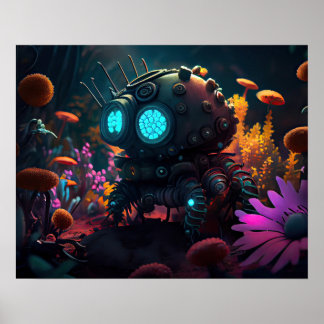 Poster Robô Futurístico Cercado Por Flores