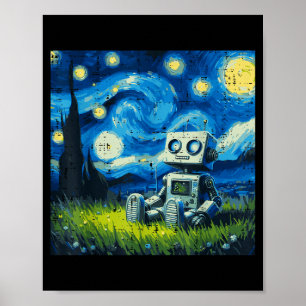 Poster Robô Noturna Estrelada Arte de Pintura Divertida M