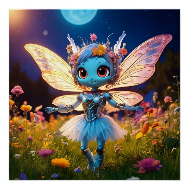 Póster Robô Pixie Bailarina Dançando nos Flores Silvestre (Frente)