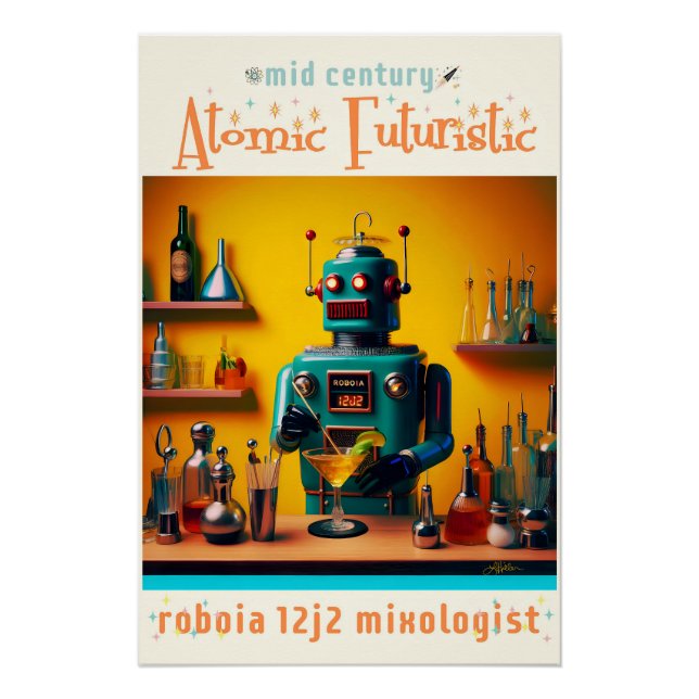 Póster Robô Retro Futurista ROBIA 12J2 Mixologista (Frente)