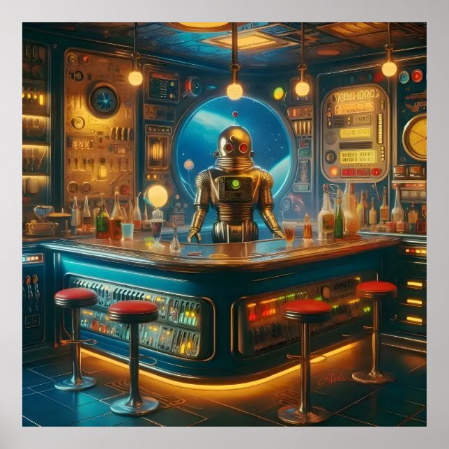 Poster Robot Bartender in Interstellar Space Age Dive Bar (Frente)