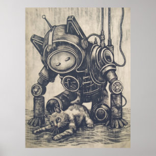 Poster Robot Linocut Steampunk
