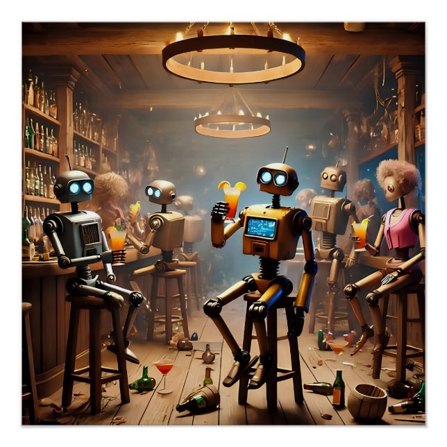 Póster robots having fun in a bar (Frente)