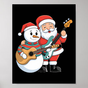 Poster Rock Guitar Snowman E Papai Noel Tocando Violão