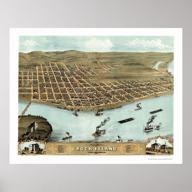 Póster Rock Island, IL Panorâmica - 1869 (Frente)