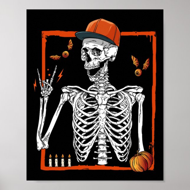 Poster Rocker Skeleton Hand Rock Sobre O Halloween Engraç (Frente)