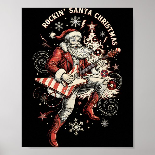 Poster Rockin Santa Playing Guitar Funny Christmas Retro  (Frente)