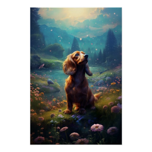 Póster Rococo Dachshund Explorando Um Prado (Frente)