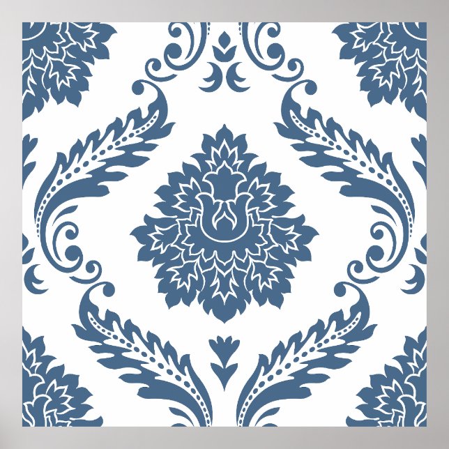 Poster Rococo Damask Padrão Grande Azul no Branco (Frente)