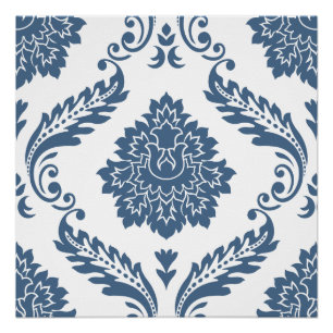 Póster Rococo Damask Padrão Grande Azul sobre Branco
