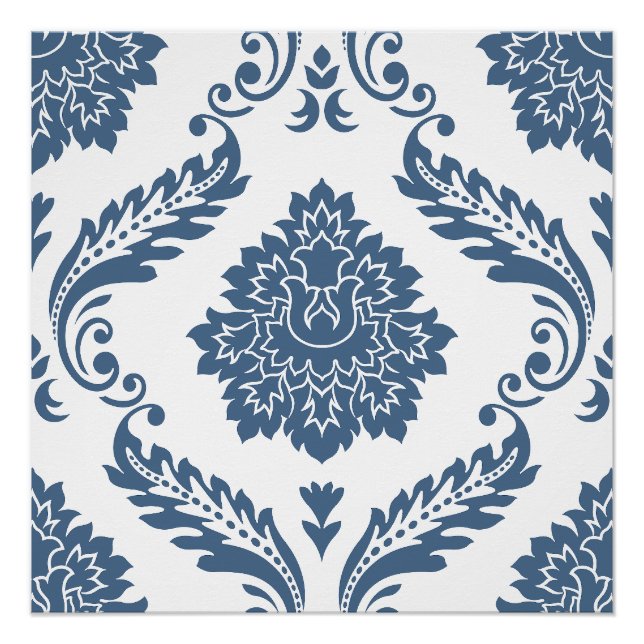 Póster Rococo Damask Padrão Grande Azul sobre Branco (Frente)