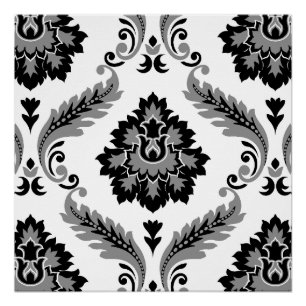 Póster Rococo Damask Padrão Grande Cinza Preto Branco