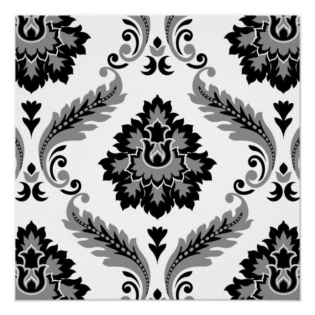 Póster Rococo Damask Padrão Grande Cinza Preto Branco (Frente)