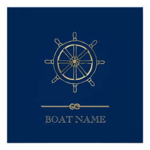 Póster Roda de Leme Náutica Dourada, Azul Marinho
