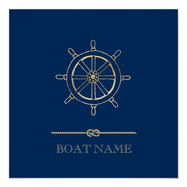 Póster Roda de Leme Náutica Dourada, Azul Marinho (Frente)