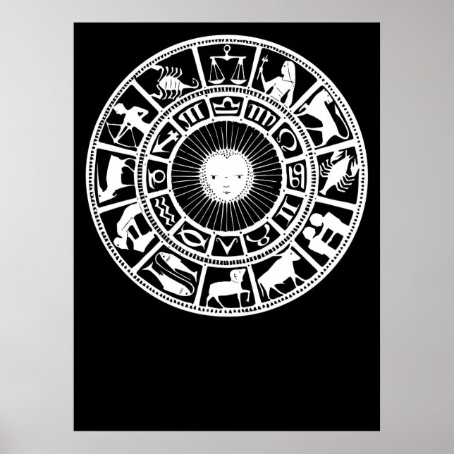 Poster Roda do Zodíaco com Sol e Símbolos de Astrologia (Frente)