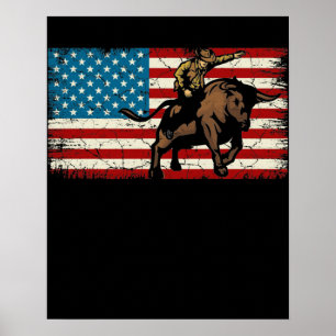 Poster Rodeo Bull Rider Patriota Americana Flag Cowboys