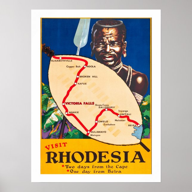 Poster Rodésia, guerreiro tradicional com mapa no escudo (Frente)