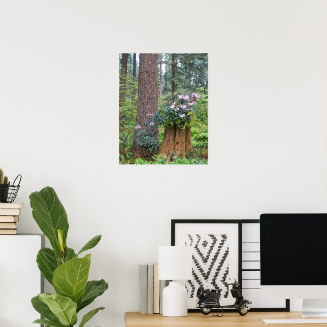 Poster Rododendros Rosa em Toco de Árvore Floral (Escritório em casa)