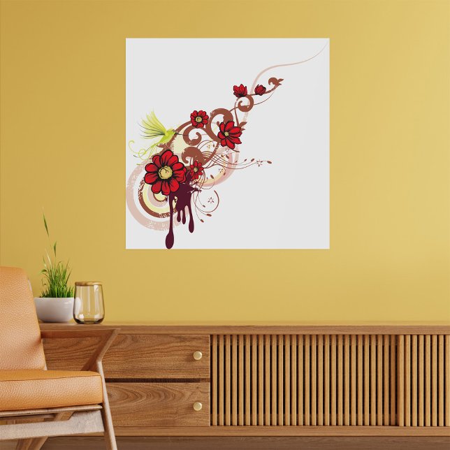 Poster Rodovalho Floral com Flores Vermelhas e Hummingbir (Criador carregado)