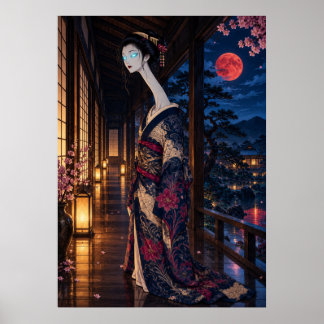 Poster Rokurokubi Japanese Yokai Art – Glowing Eyes Geish