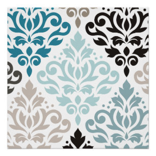 Póster Rolar as Teais de Arte do Padrão Damask XLg Escorr