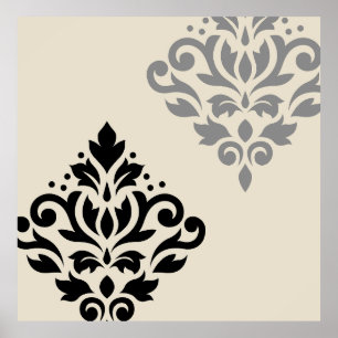 Poster Rolar Damask Art I Black Cinza Creme