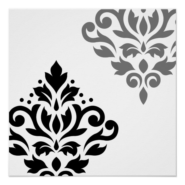 Póster Rolar Damask Art I Black & Cinza on White (Frente)