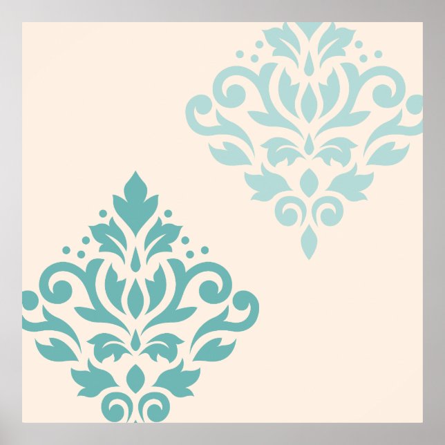 Poster Rolar Damask Art I Teals on Cream (Frente)