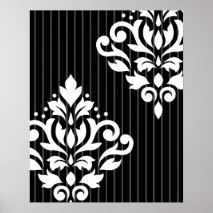 Poster Rolar Damask Art I White em Stripes de Cinza e Pre