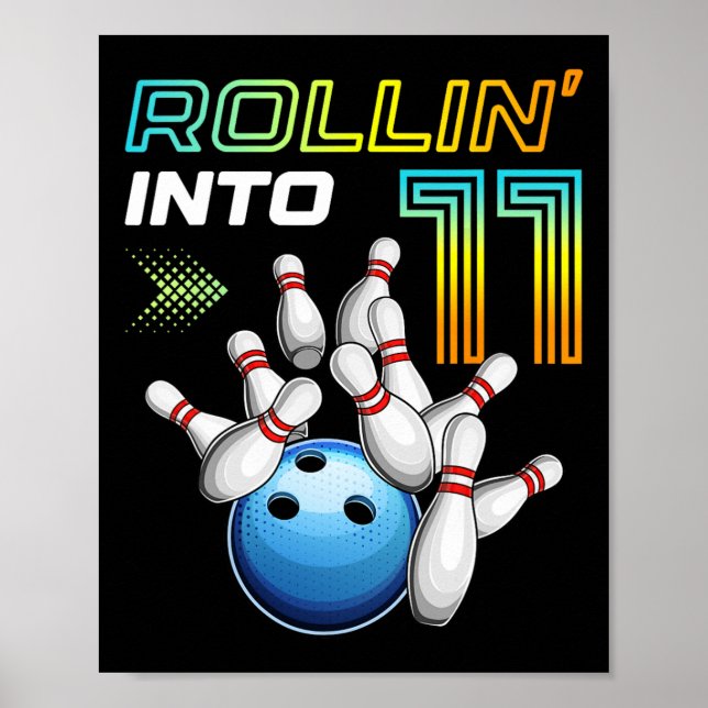 Poster Rollin Into 11 Retro Bowling Birthday Party 11th B (Frente)