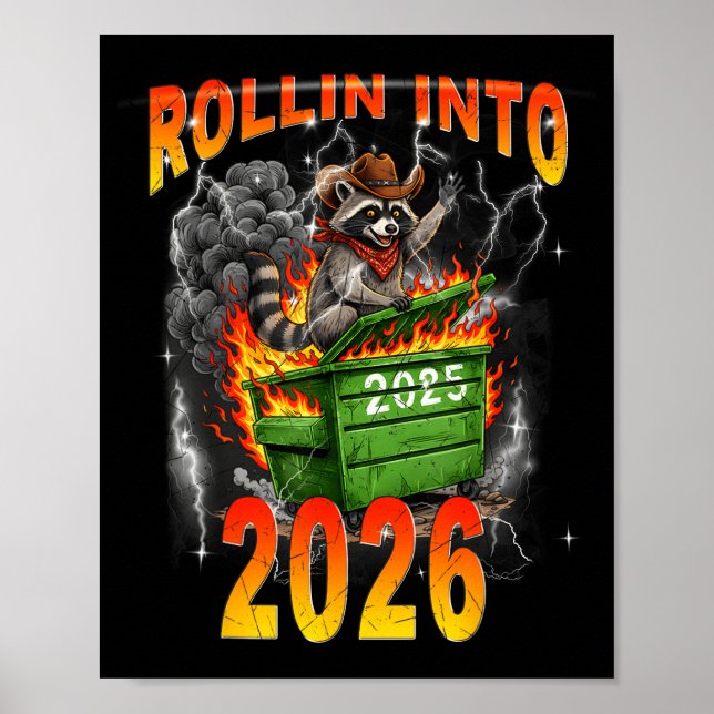 Poster Rollin Into 2026 New Year 2026 Raccoon Cowboy Vint (Frente)