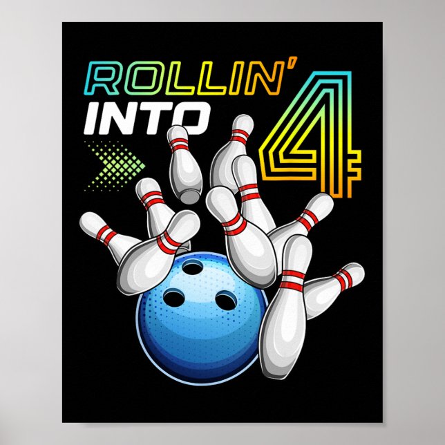 Poster Rollin Into 4 Retro Bowling Birthday Party 4th Bir (Frente)